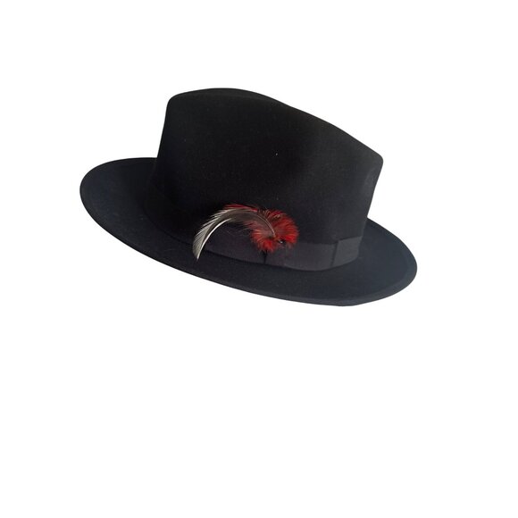 Montique International Black Fedora Hat W/Red Feather Accent XL 100% Wool - Picture 1 of 5